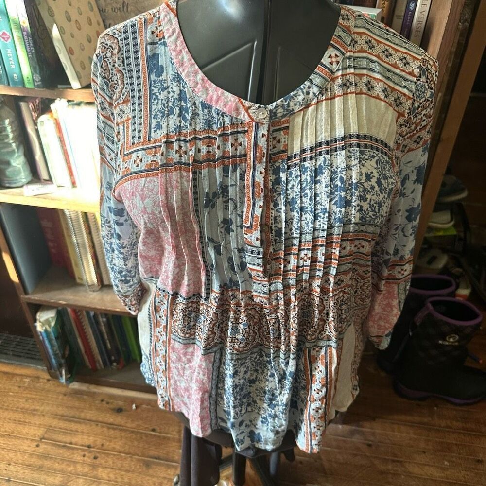 Daniel Rainn patchwork accordion boho L peasant blouse